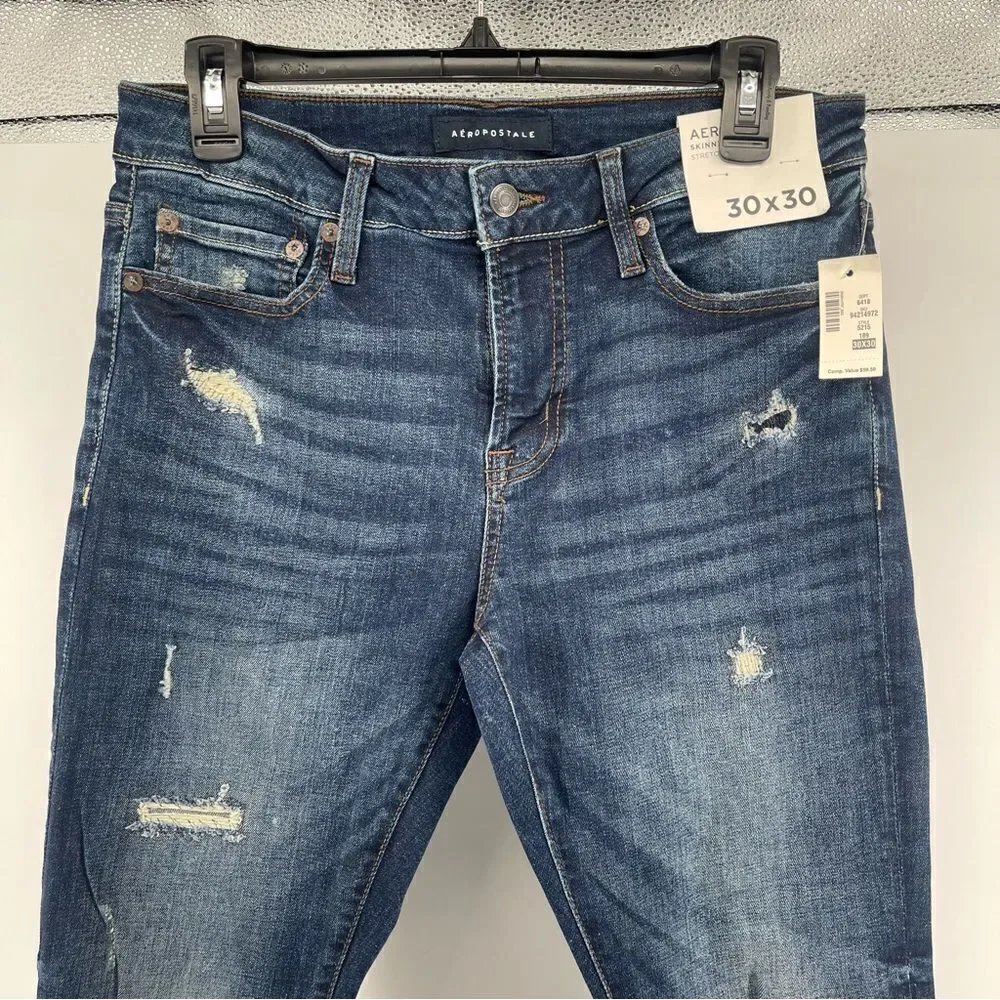 Aeropostale Men’s Blue Dark Wash Distressed Stretch Skinny Denim Jeans 30 x 30